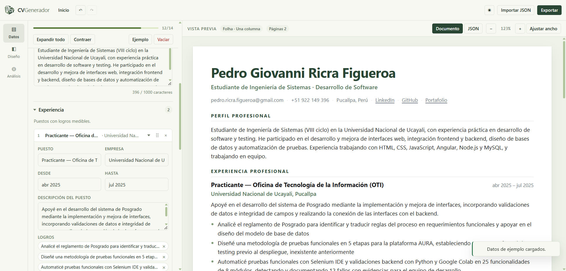 Editor de datos del CV Generador con el currículum A4 en vivo
