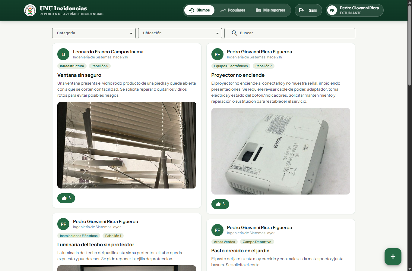 Feed de incidencias y estado del sistema Reportes UNU